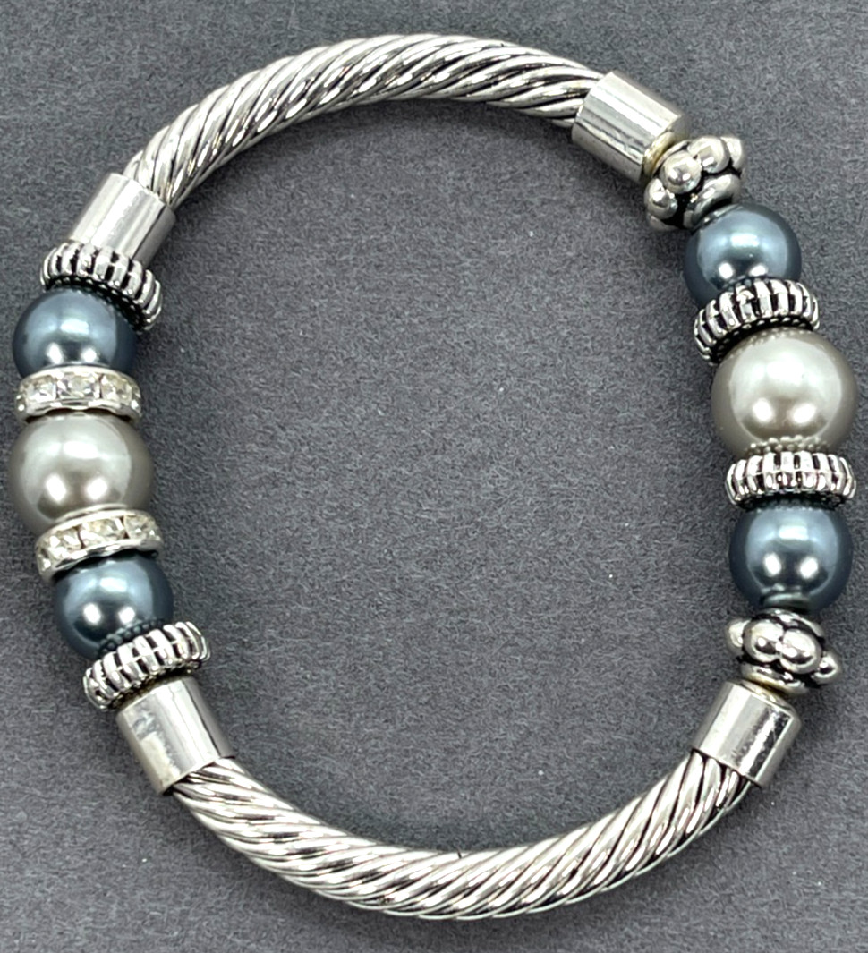 Bracelet Stainles Steel w/Gray Simulated Pearls & Clear Crystal Accents 7 Inches