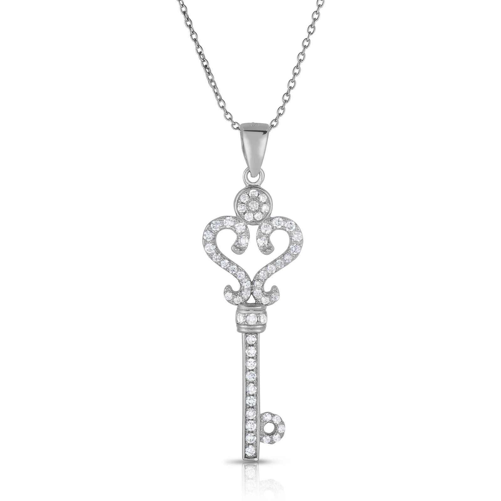 925 Sterling Silver Open Heart Pave Key CZ Pendant Charm Necklace 16″ 18″