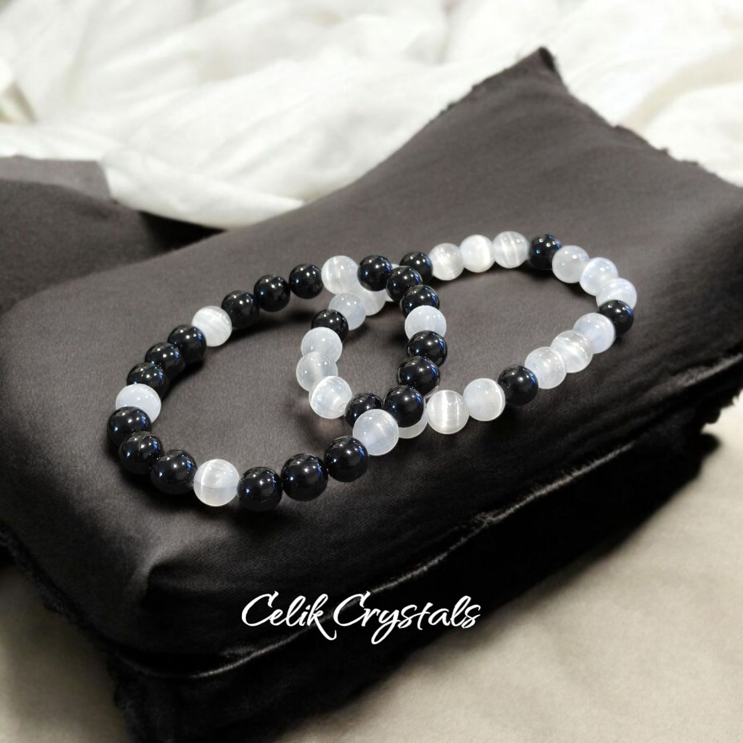 Black Tourmaline And Selenite 2 Piece Bracelet Set 8mm Unisex