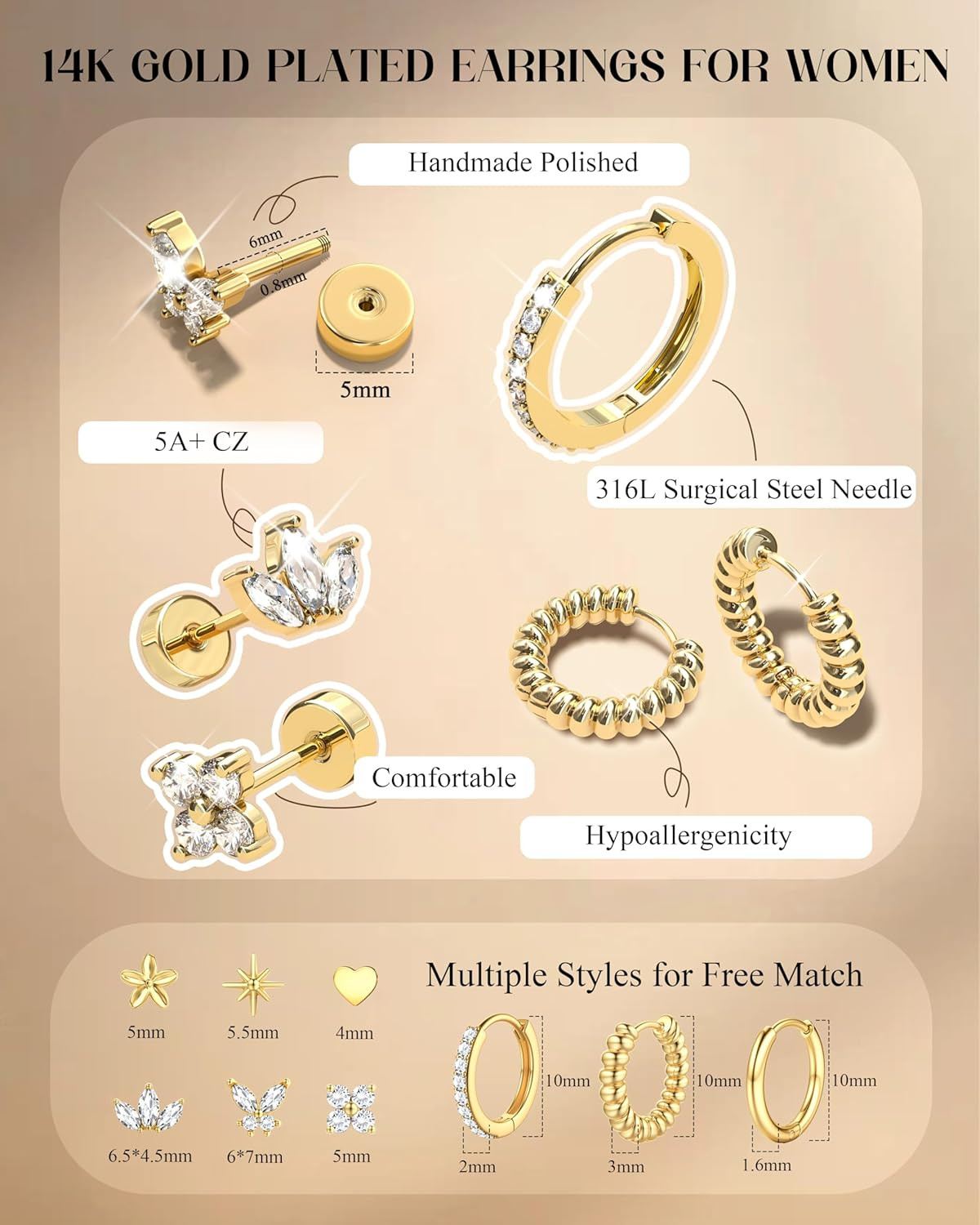 14K Gold Plated Surgical Steel Earrings 9 Pairs Flat Back Earrings Small Cartila