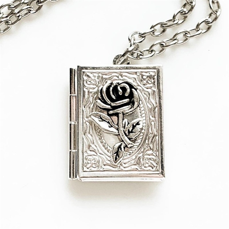 Vintage Book Locket Necklace Photo Picture Holder Antique Silver Pendant Gift