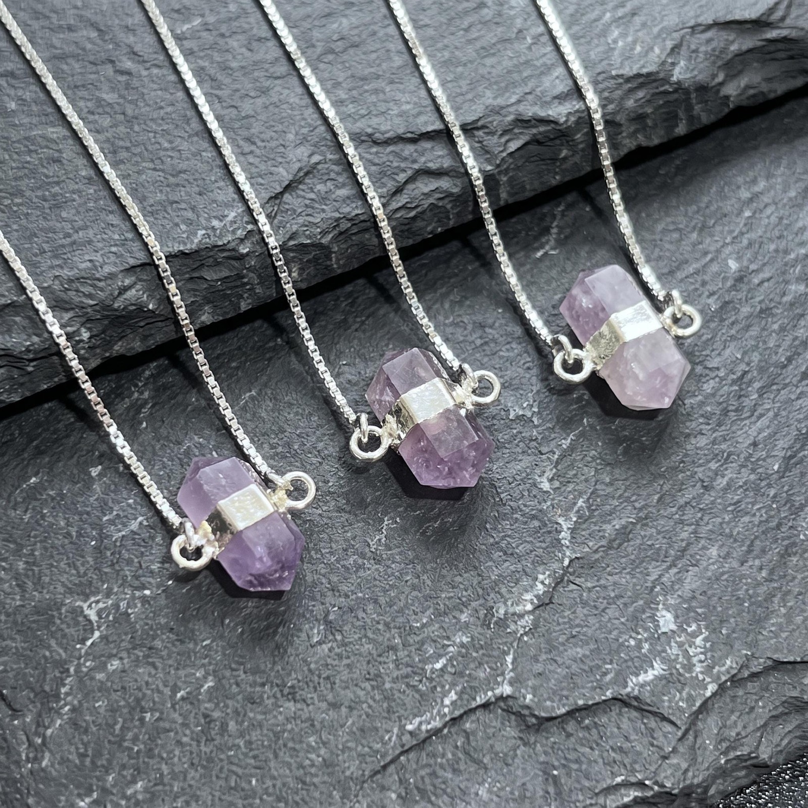 Amethyst Crystal Petite Double Terminated Point Pendant Necklace (16 Inch Chain)