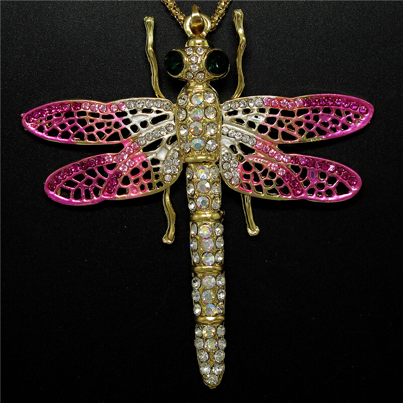 New Enamel Pink Crystal Dragonfly Fashion Women Sweater Long Chain Necklace