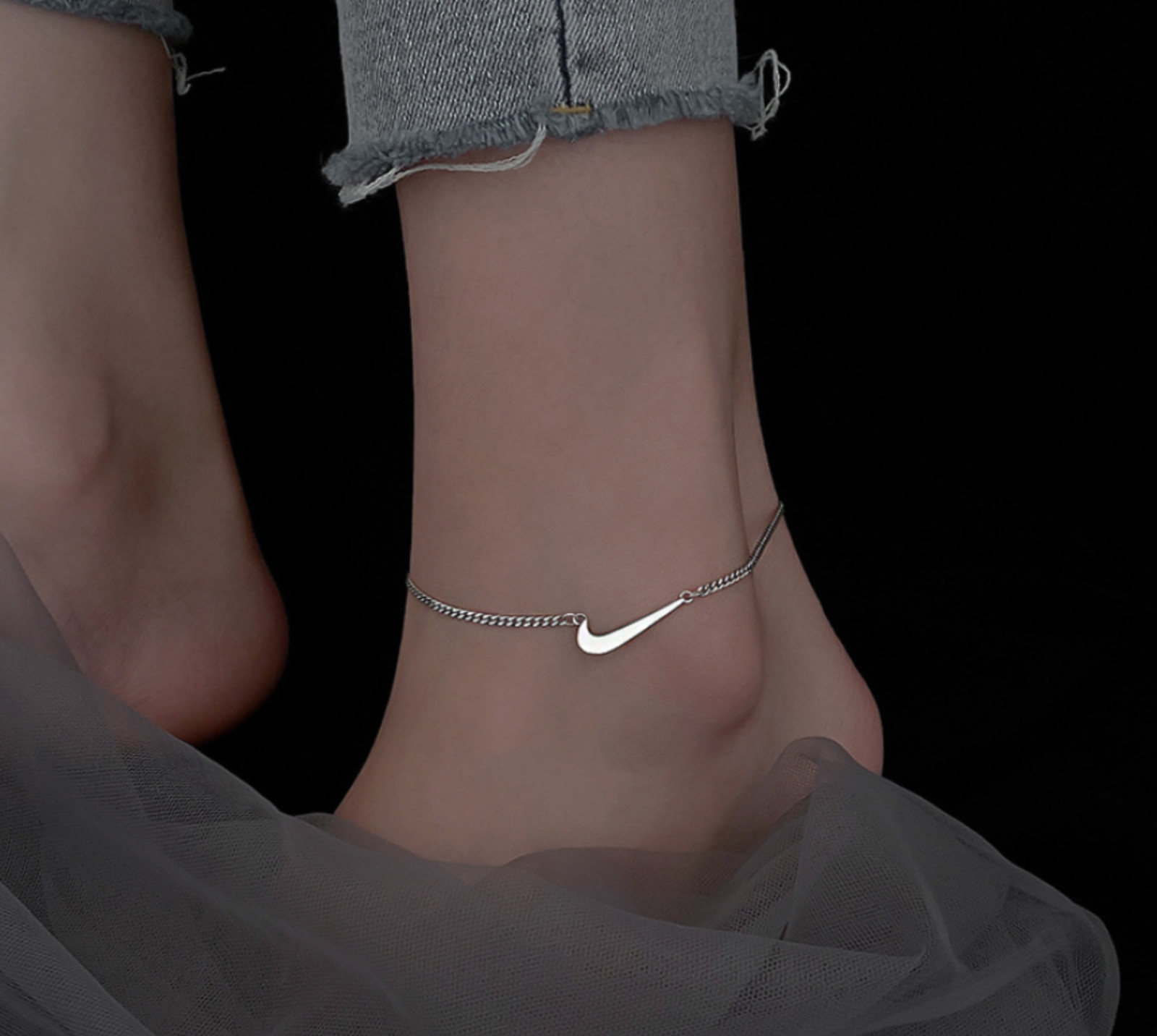 Women Silver Hook Nike Right Marked Black Charm Beaded Chain Foot Anklet 8+2”