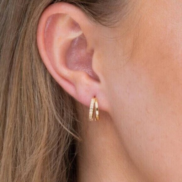 Everyday Huggie Earrings Double Huggies Gold CZ Pave Dainty Small Gold Hoops