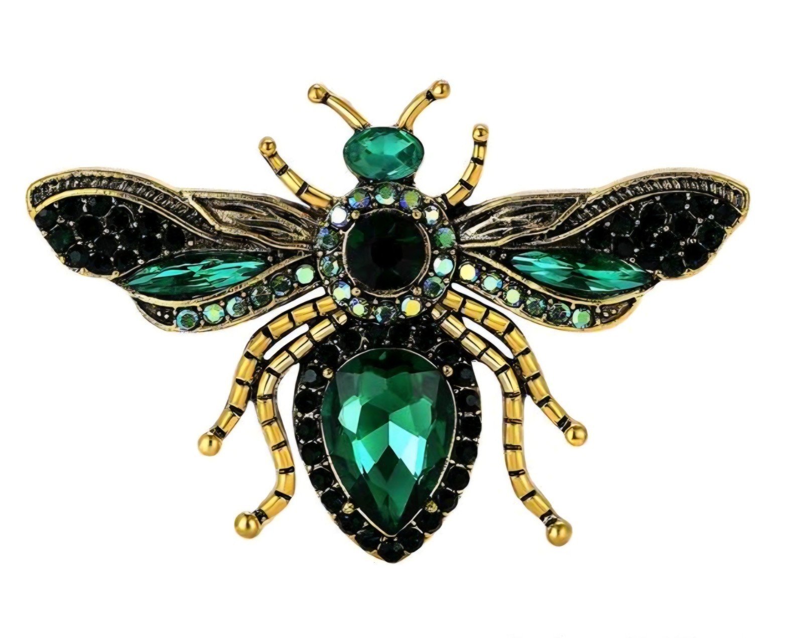 Green Rhinestone Bee Brooch Gold Tone Flying Insect Wasp Pin Cute Summer Jewelry