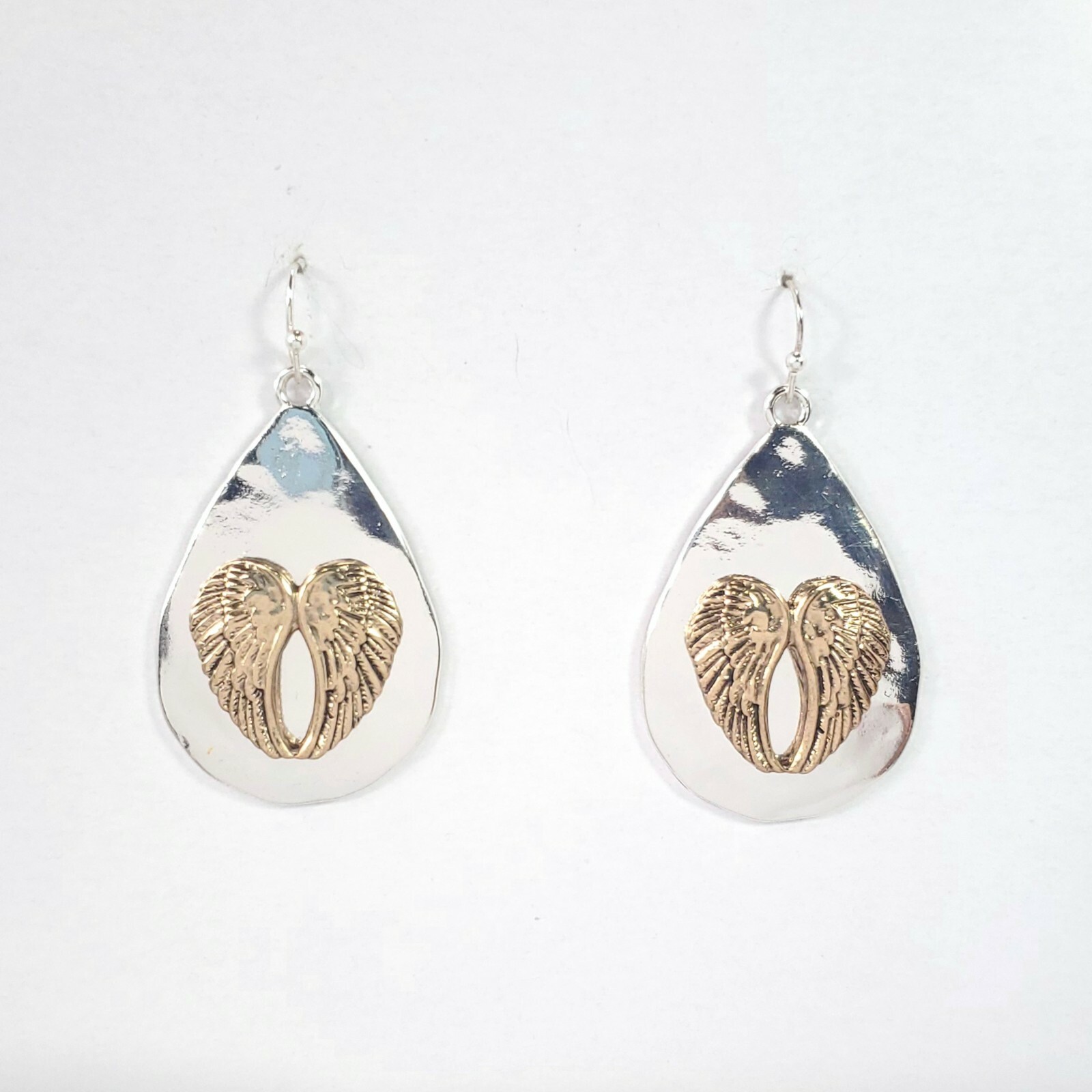 E0570 Silver Color Gold Tone Wing Design Hammered Teardrop Shape Dangle Earrings