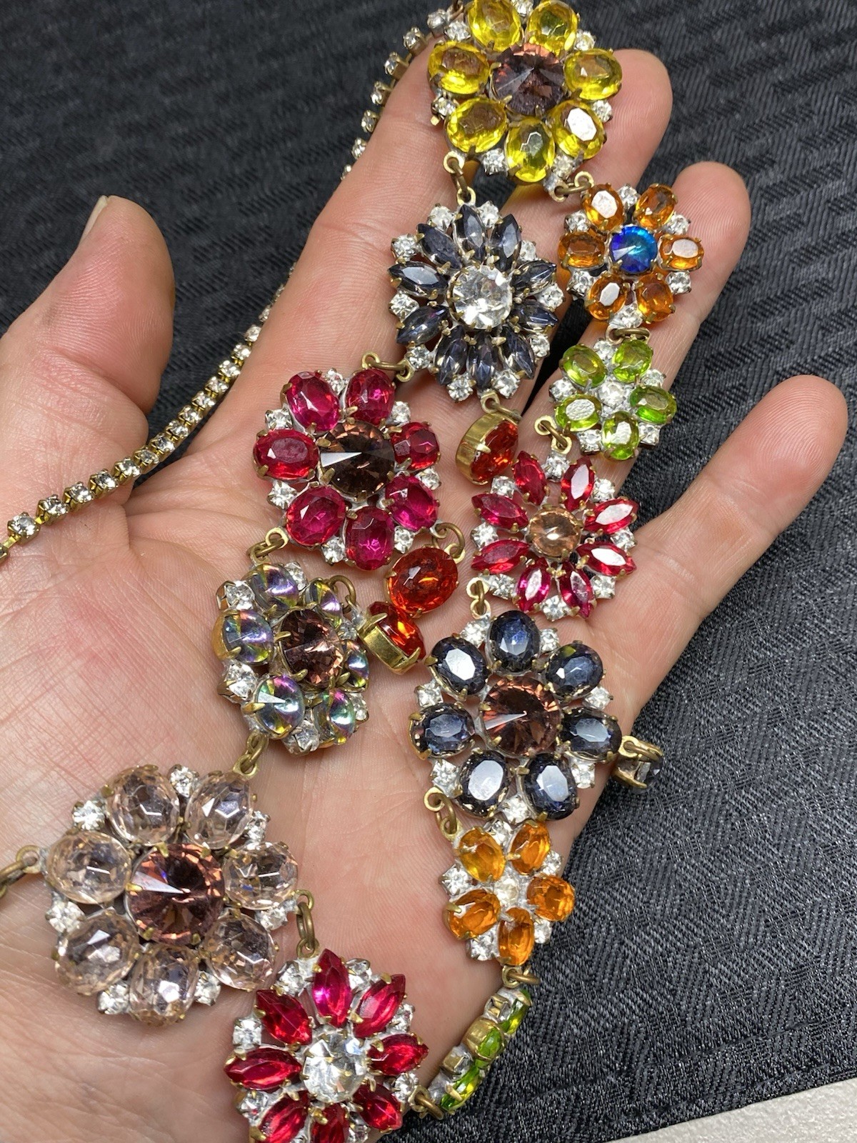 Glass(?) Multi Color Floral Dangle Pendant Statement Necklace Designer(?) Desc