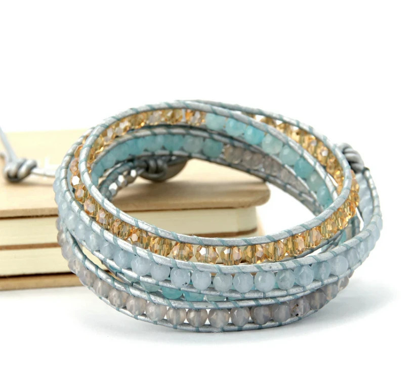 Aqua Blue Multi Strand Single Wrap Leather Bracelet 32.5 inches and 3 closures
