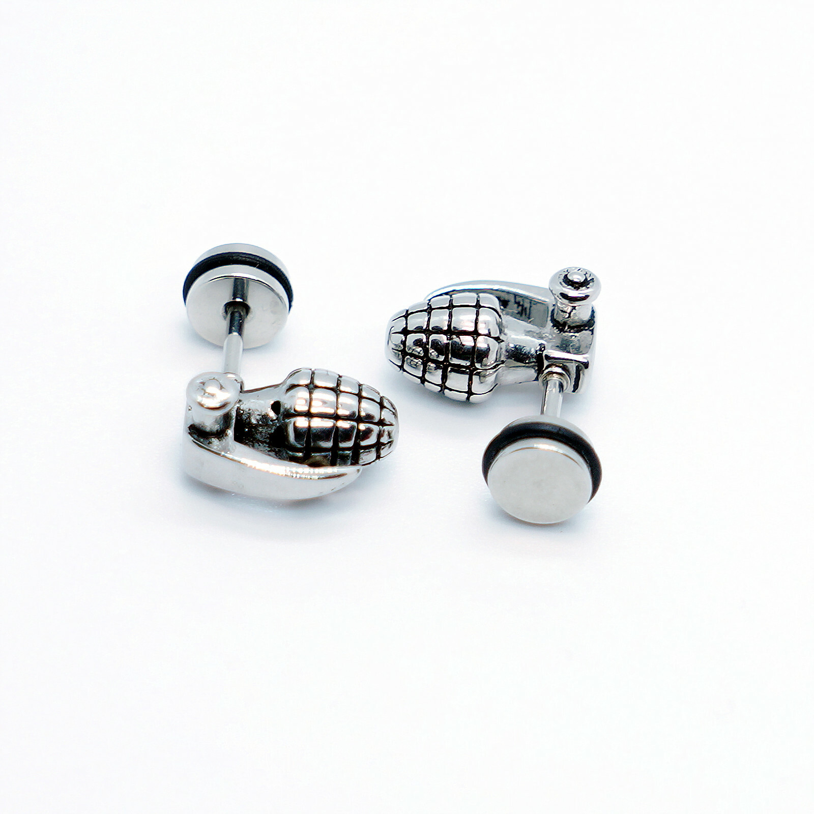 2PCs Stainless Steel Punk Hip-Hop Rock Grenade Military Stud Earrings Men Women