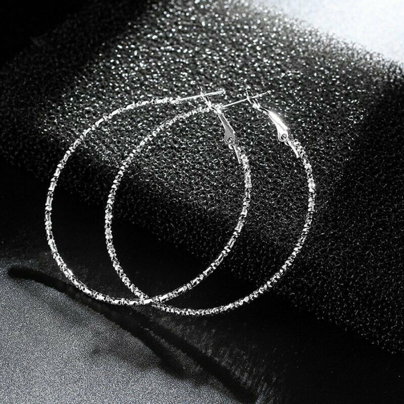 Pretty New Silver Plated Nicely Textured Round 2″ Omega Back Hoop Earrings