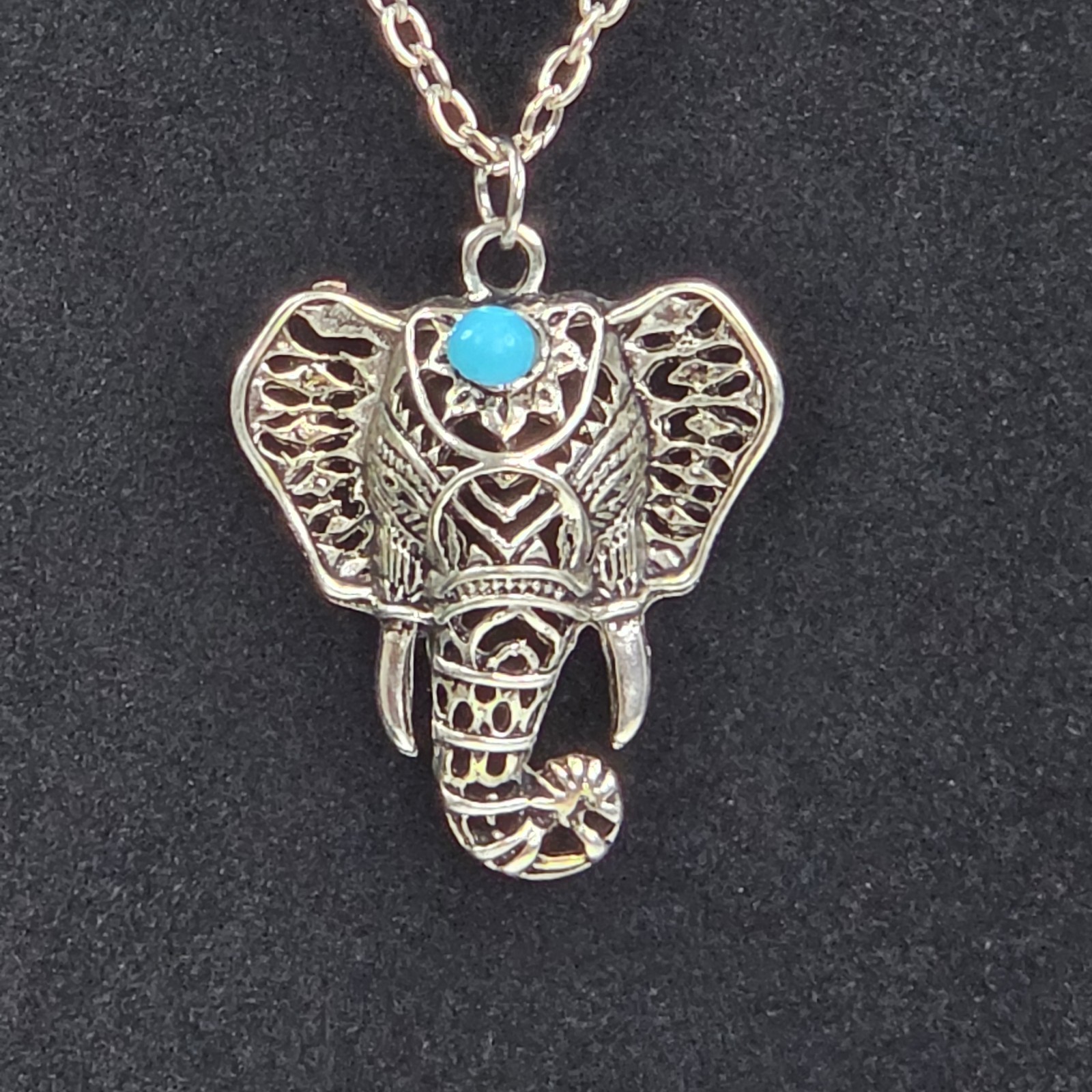Silver Tone Elephant Charm Pendant Necklace, Blue Round Stone, Cable Chain
