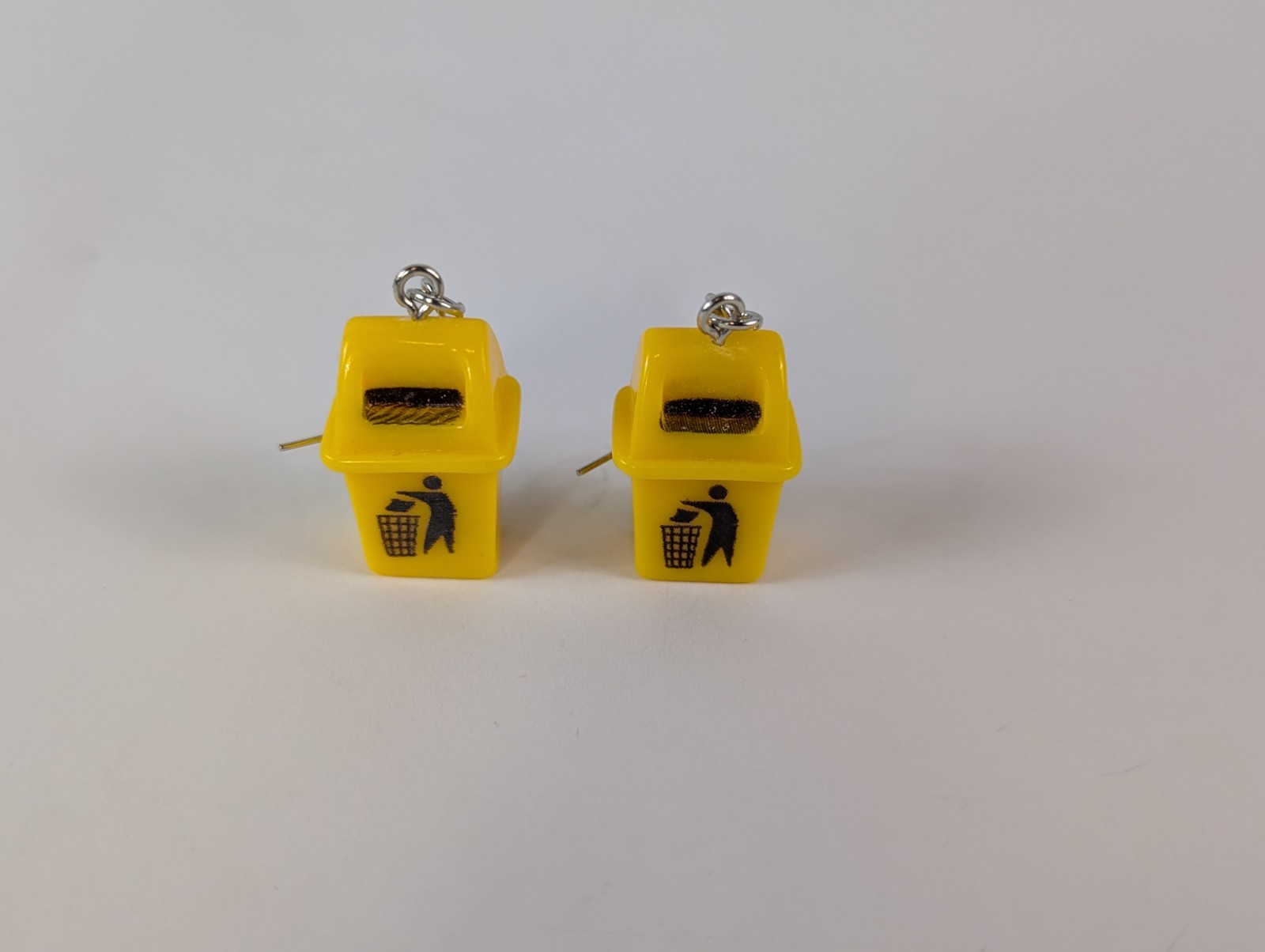 3D Yellow Black Trashcan Silver Tone Hook Dangle Drop Pierced Earrings Novelty