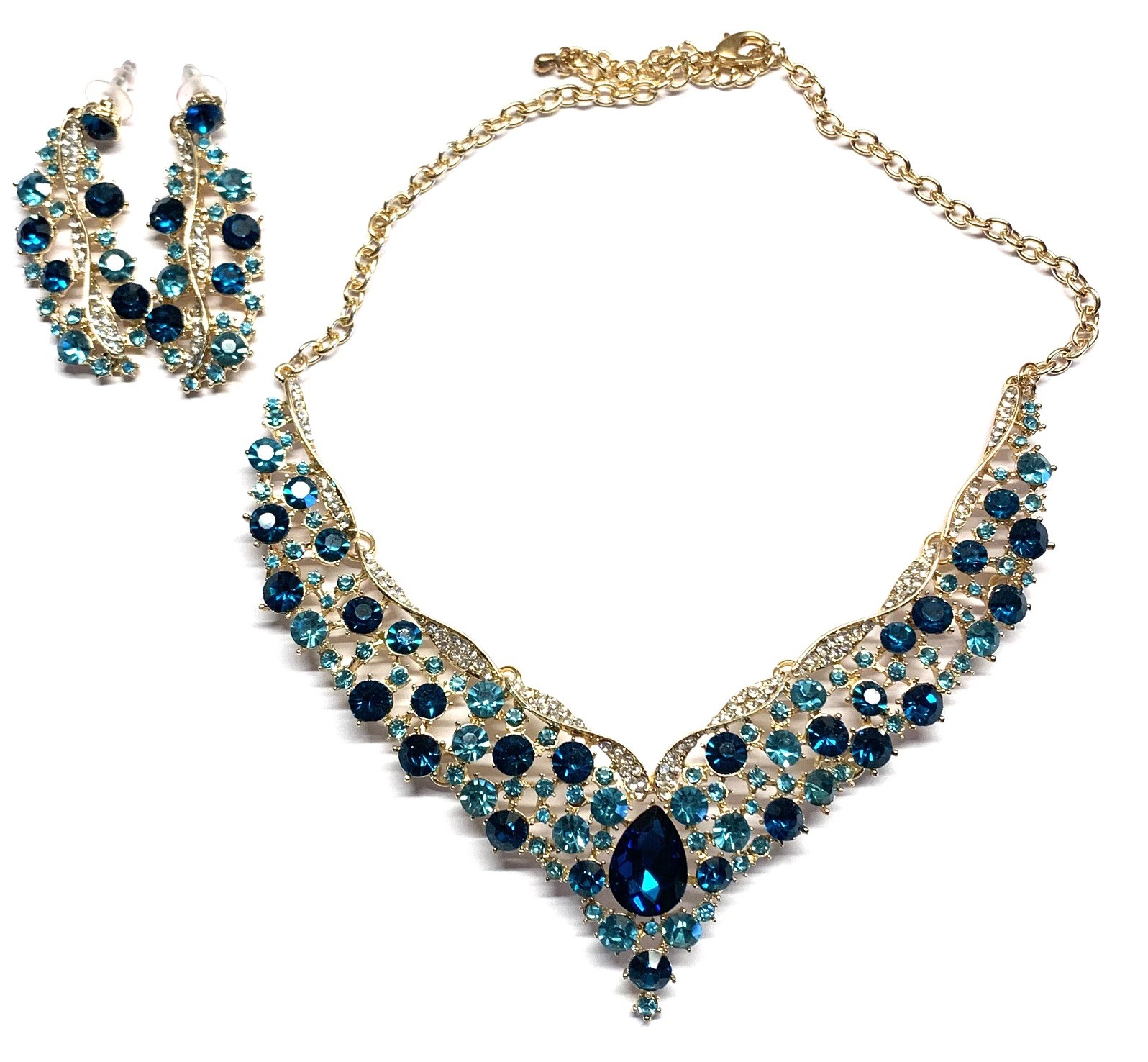 Aqua Teal Crystal Choker Rhinestone Necklace Earring Set Bridal Prom Pageant