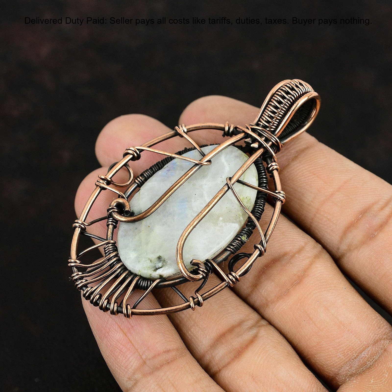Copper Rainbow Moonstone Gemstone Tree Of Life And Wire Wrapped Pendant Jewelry
