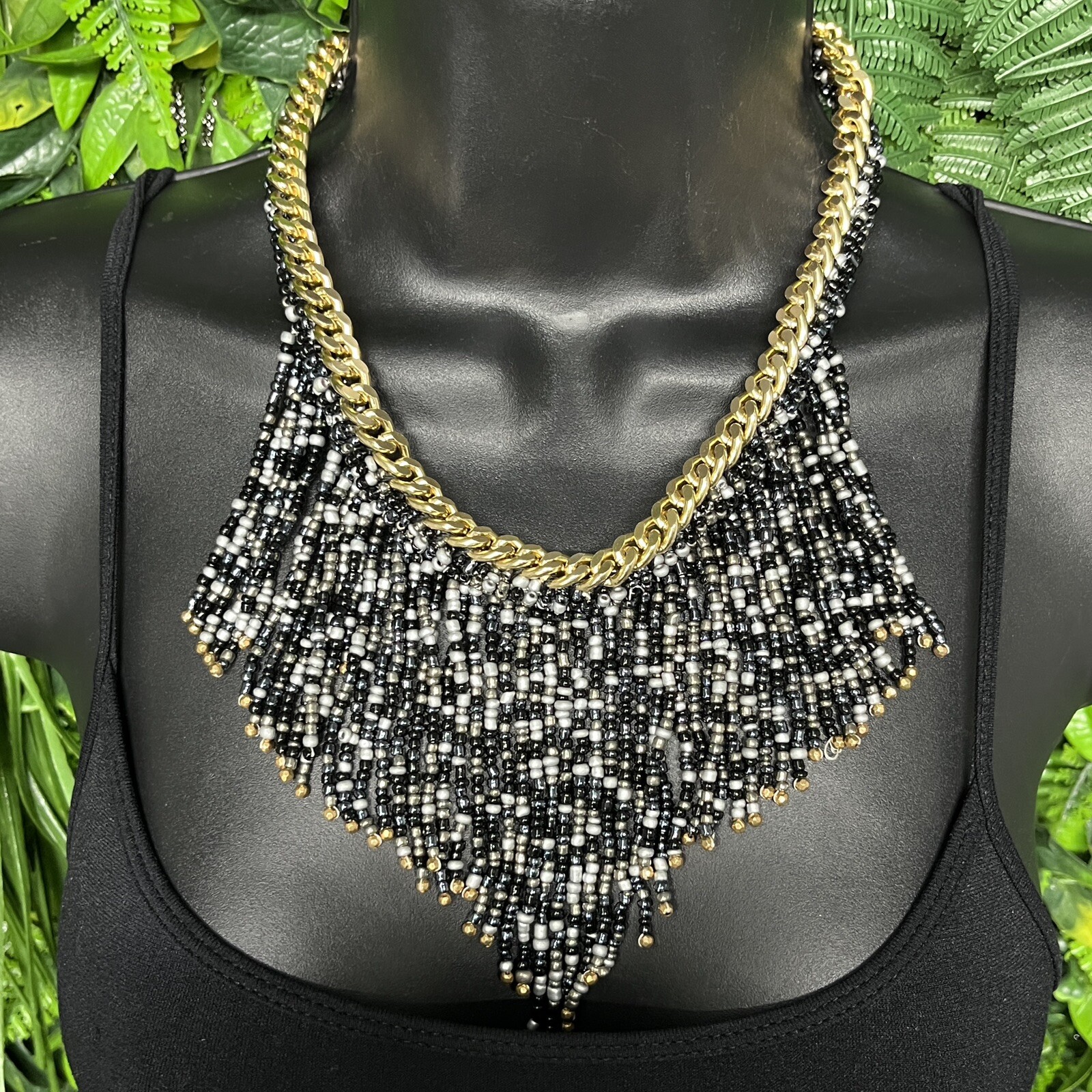 Necklace Women Fashion Gold Tone Fringe Beaded Tassel Bohemian Statement 3980