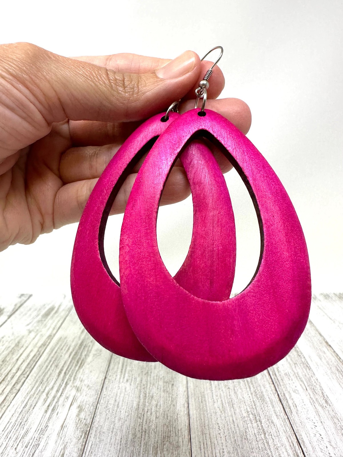 Pink Wooden Dangle Earrings Drop Shape Handmade Lightweight 3in Boho Colorful