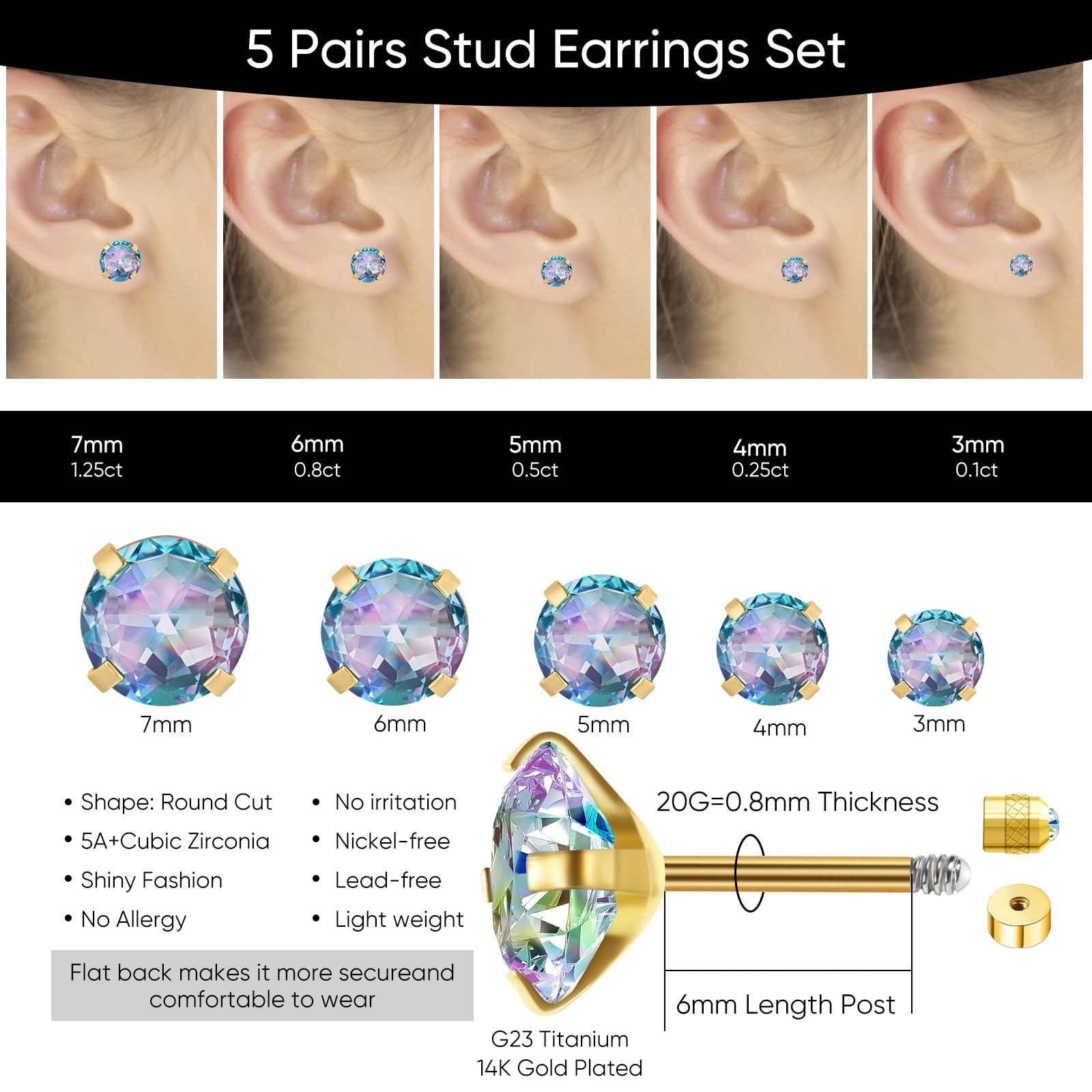 5 Pairs Flat Back Stud Earrings for (3mm~7mm)x1, 03-Color Gem(Gold Color)