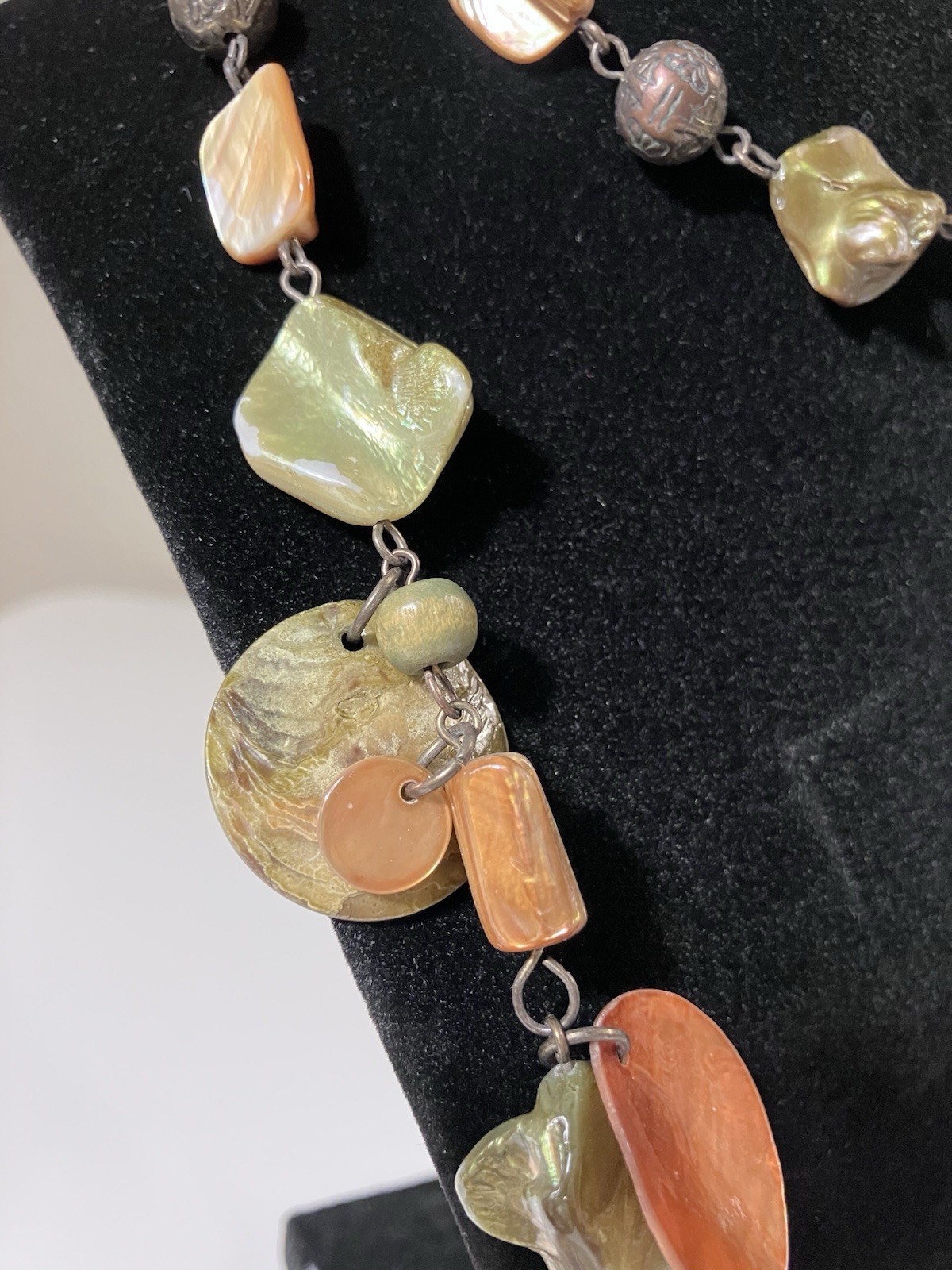 Boho Mother of Pearl Shell Statement Necklace Filigree Green Peach 24in