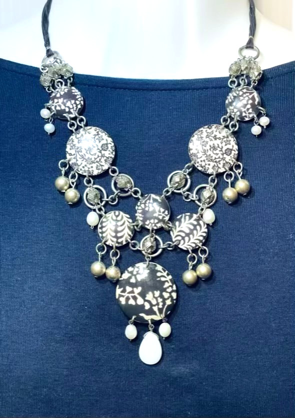 Unique Black & White Statement Necklace Layered Baroque Pearl Floral Maximalist