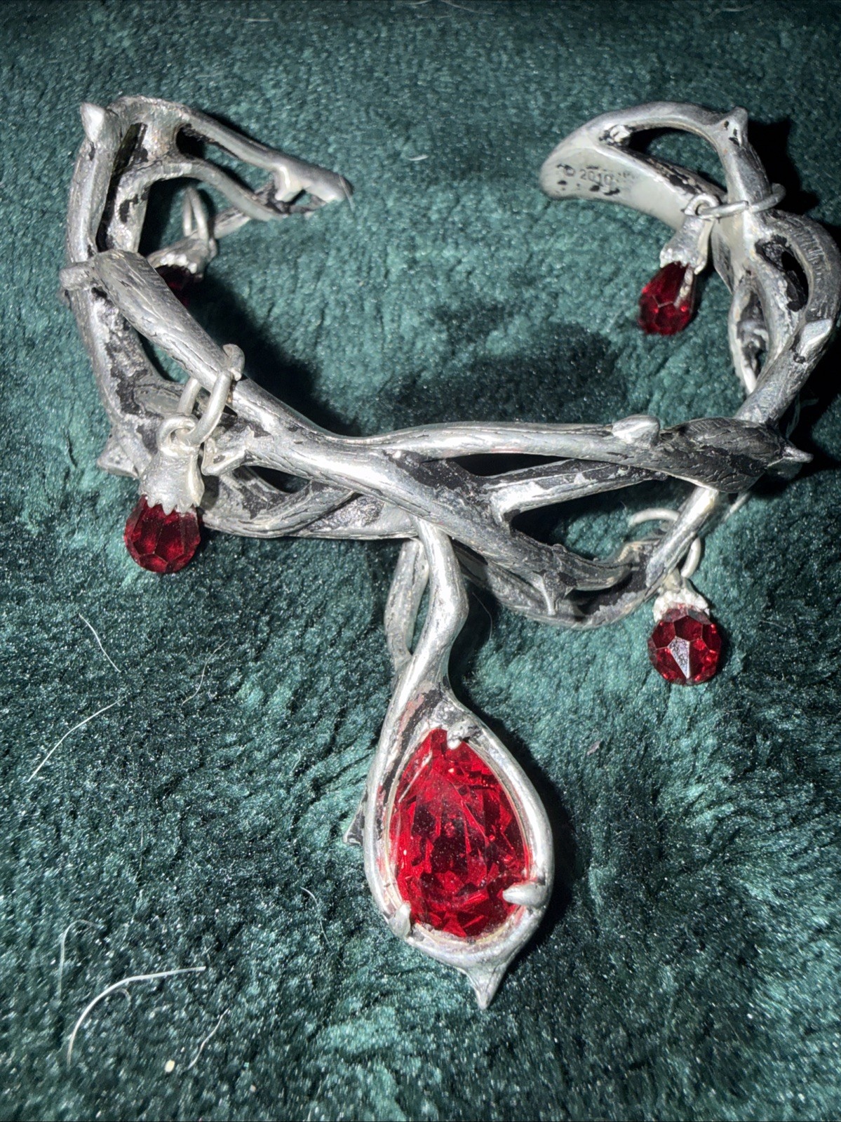 Gorgeous Gothic Silver Thorn & Red Crystal Blood Drop Cuff