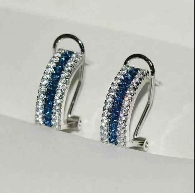 Round Simulated Blue Sapphire Omega Back Hoop Earrings In 14K White Gold Plated