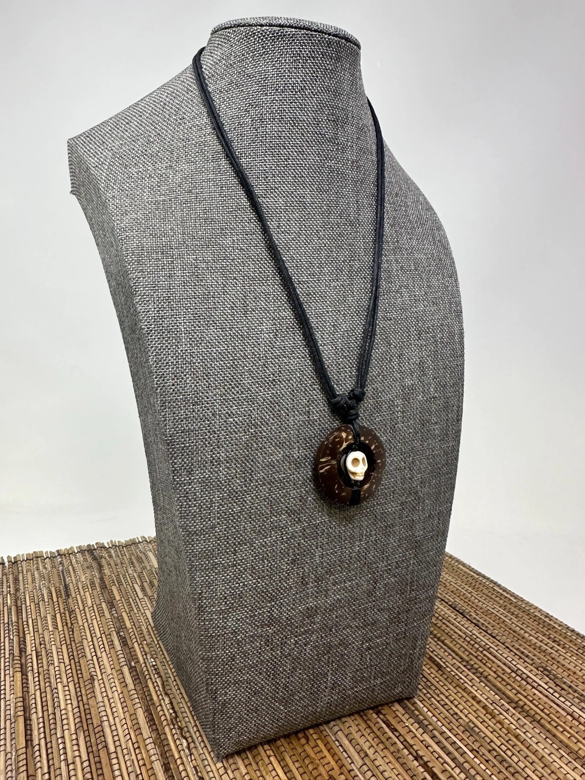 Handcrafted Coconut Shell Skull Necklace Howlite Pendant Adjustable Cord Unisex