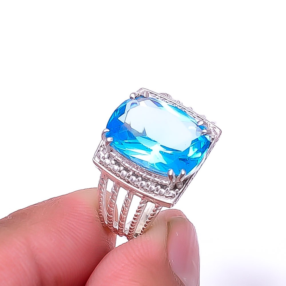 Blue Topaz 925 Sterling Silver Handmade Ring S.7.5 R_8039_300_19, Christmas Gift