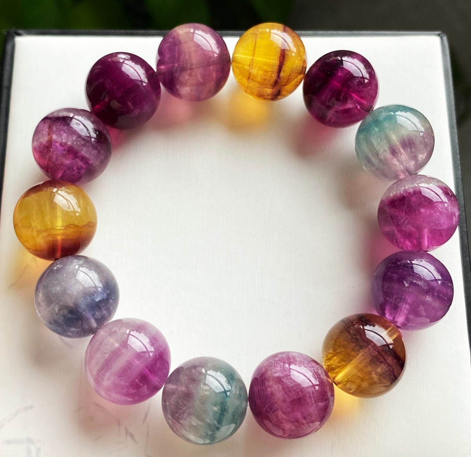 15.2mm Natural Color Fluorite Quartz Crystal Gemstone Beads Bracelet 2537