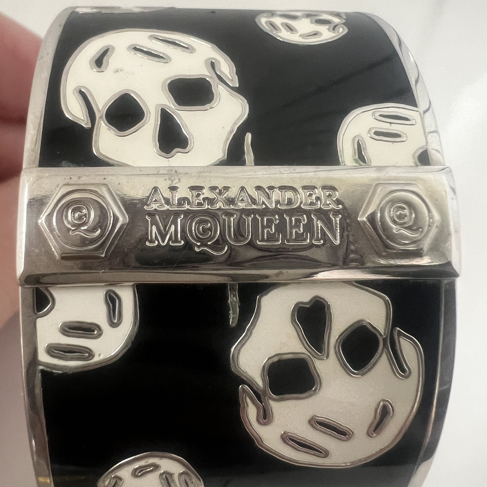 Alexander McQueen Skull Logo Icon Black White Enamel Silver Cuff Bracelet