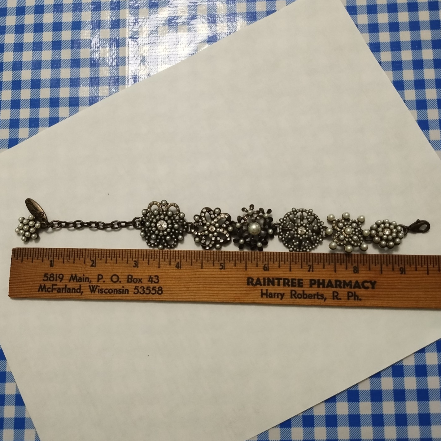 Plunder Design Signed Clear Rhinestone and Faux Pearl Bracelet with Extender