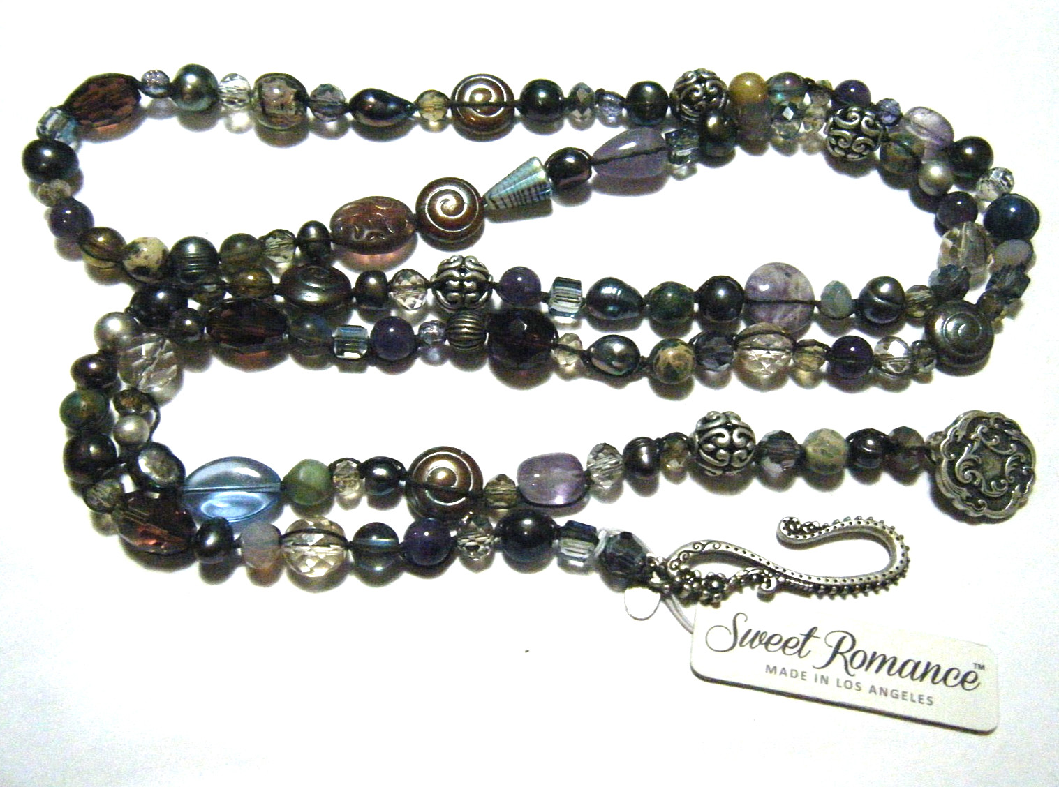 Sweet Romance Art Glass Pearl Silver Stone Beads Y Drop Vintage Revival Necklace