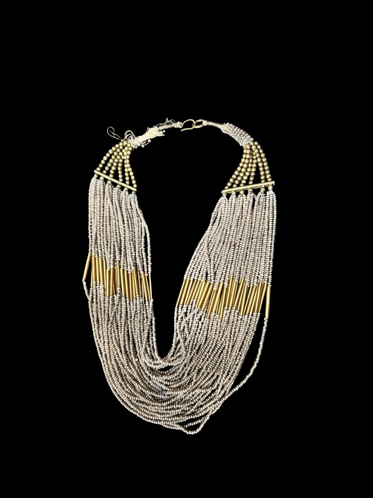 Multi Strand Statement Necklace Gunmetal Gray Seed Beads Gold Toned Accents READ