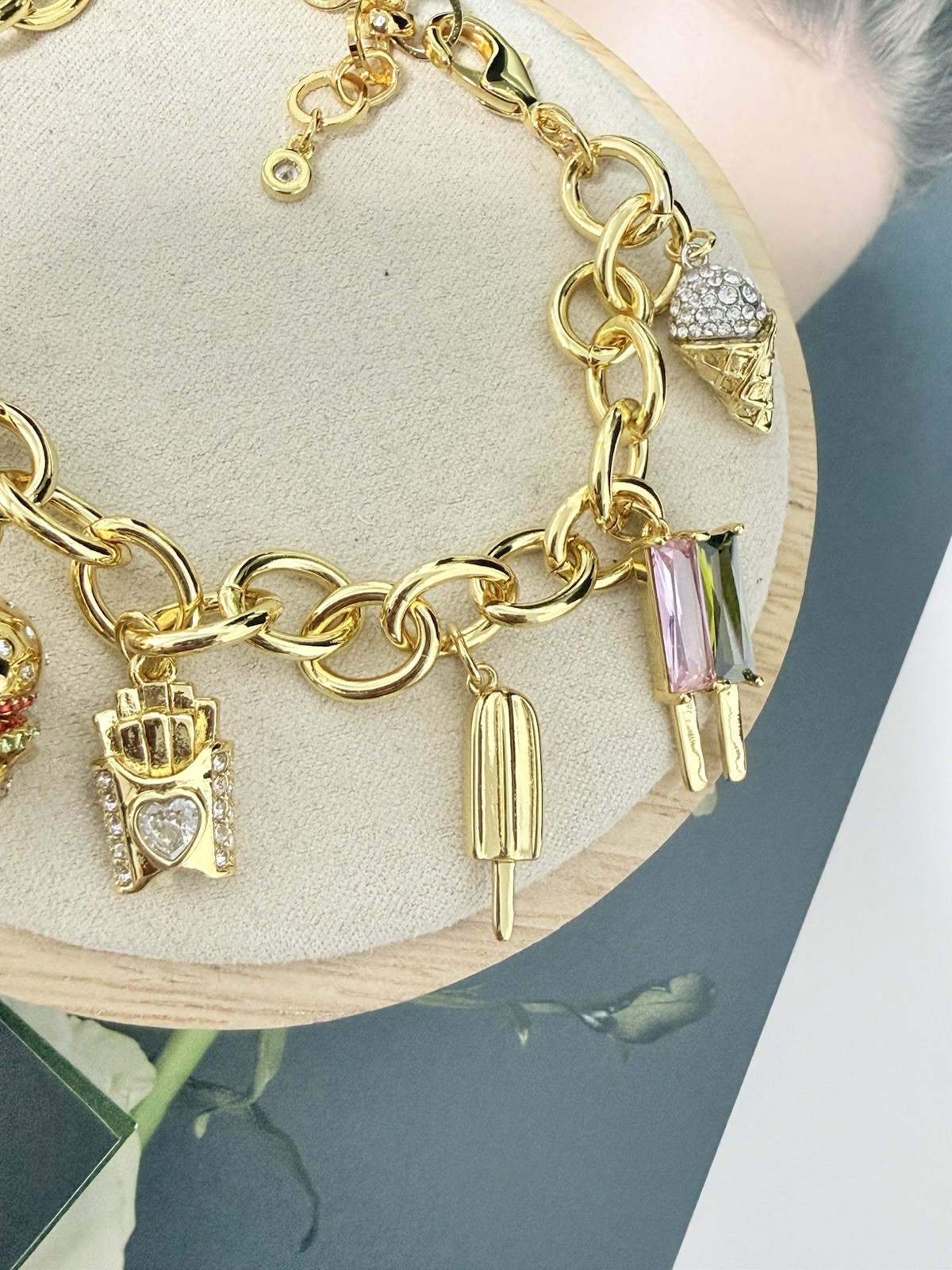 Kate Spade FAST FOOD CHARM Gold Plated Brass CZ Crystals Charm Bracelet