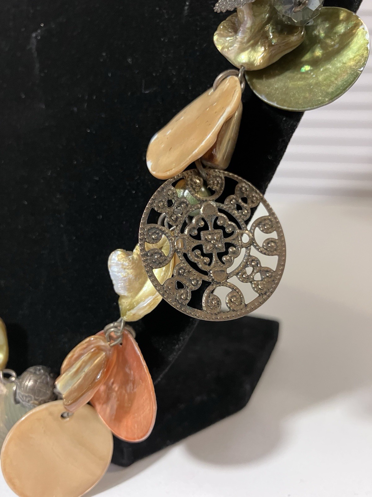 Boho Mother of Pearl Shell Statement Necklace Filigree Green Peach 24in