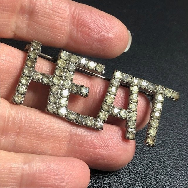 B2956 Vintage Style “HEAT” Word Rhinestone Brooch Pin ~2.25″ W Sparkle Statement