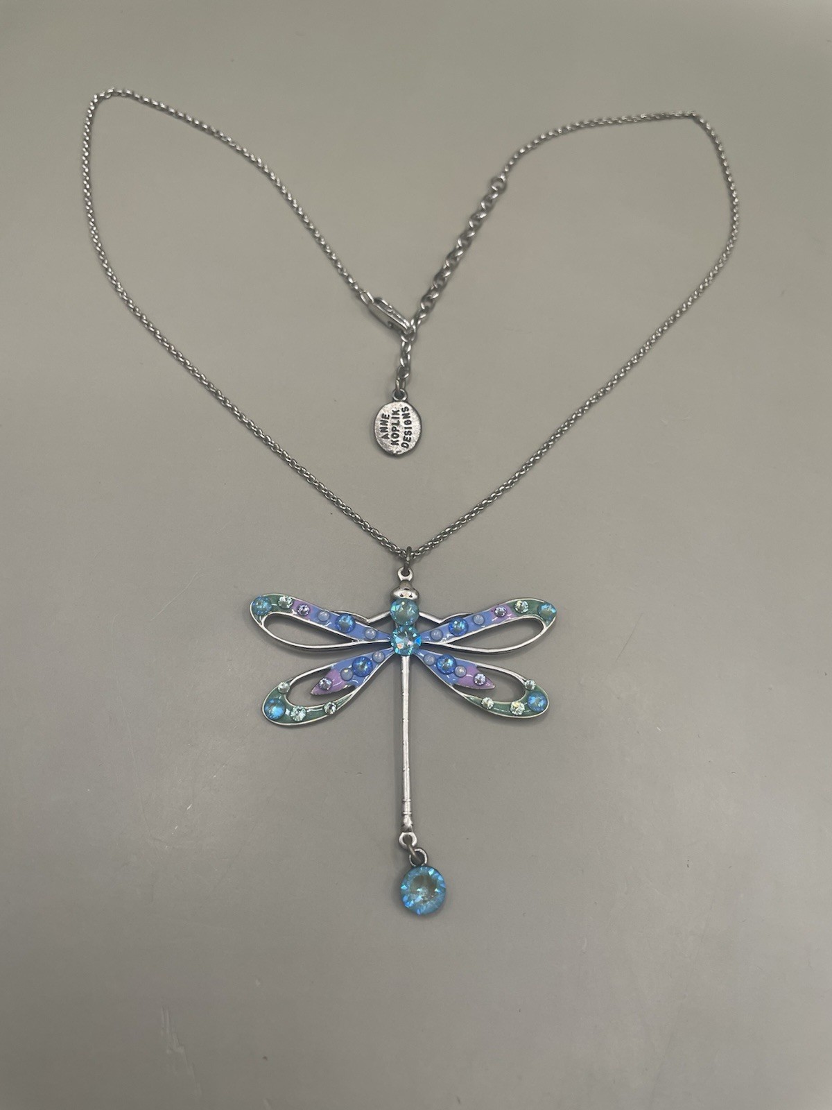 Anne Koplik Designs SilverTone Multicolor Rhinestones Dragonfly Necklace USA