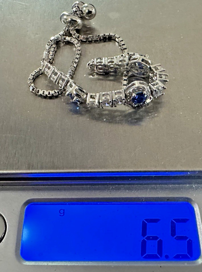 Sterling Silver Blue/White CZ Slide Chain Adjustable Bracelet N