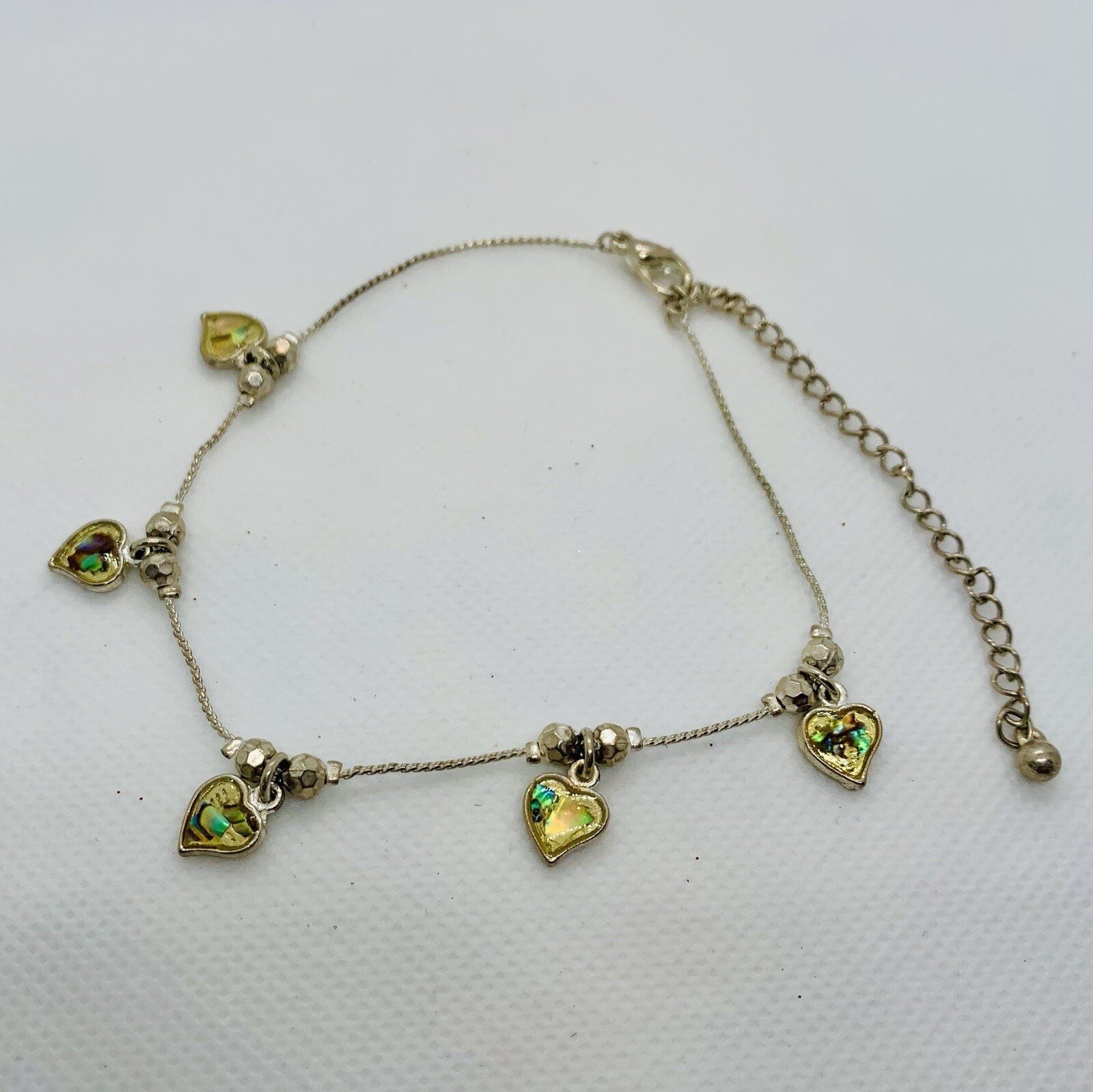 Silver & Gold Tone Green Accents Heart Shaped Charms Ankle Bracelet Anklet 12”