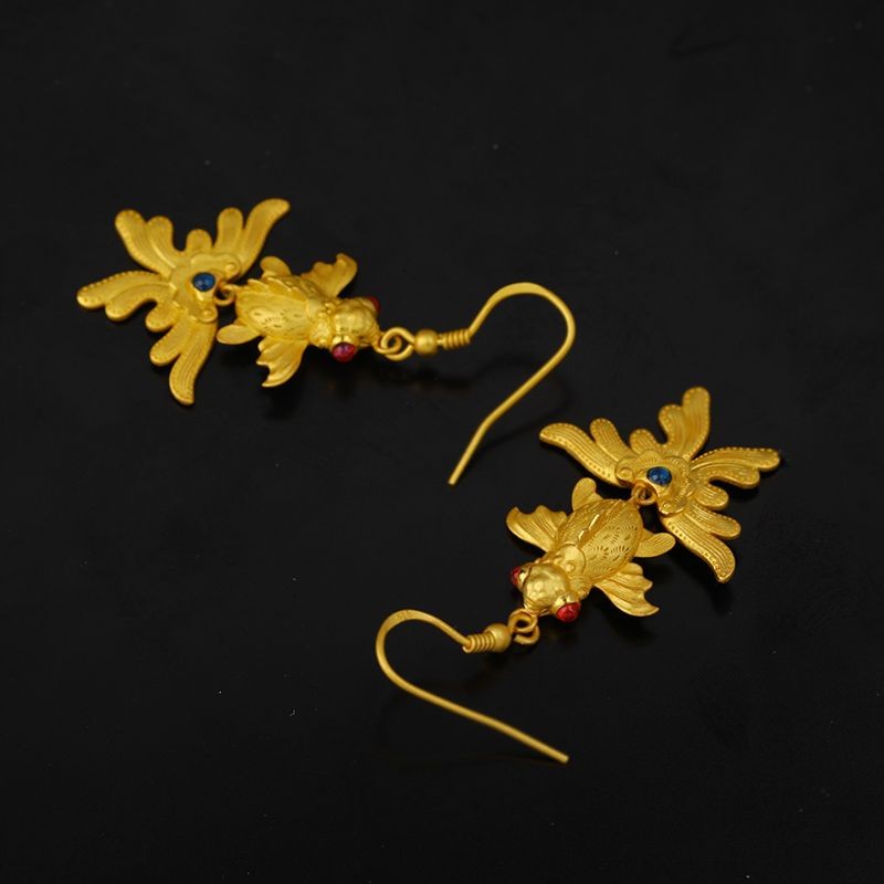 New Gold Plated Koi Fish Dangle Earrings Chinese Hanfu