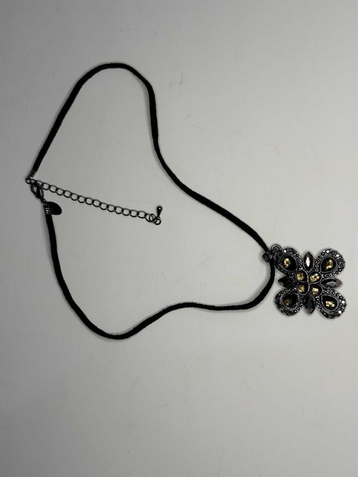 Lia Sophia Large Floral Statement Necklace Gunmetal Smoky Gray Crystal Pendant