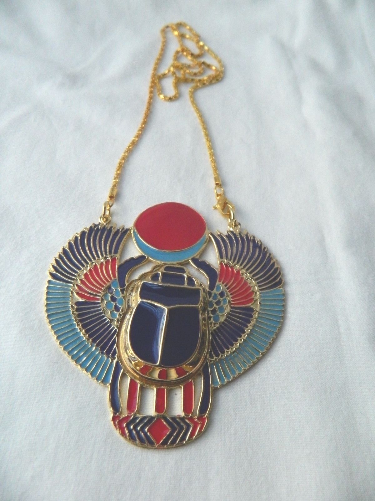 X-Large Egyptian Brass Gold Plated Multi-Color Horus Scarab Bettle Necklace 3X3″