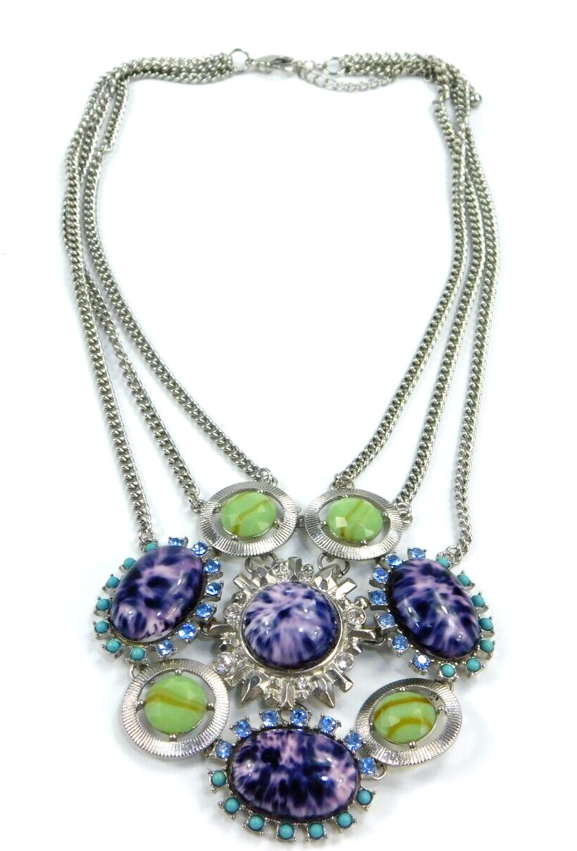 Multi Chain Blue Cabochon Rhinestone Statement Pendant Necklace 19″