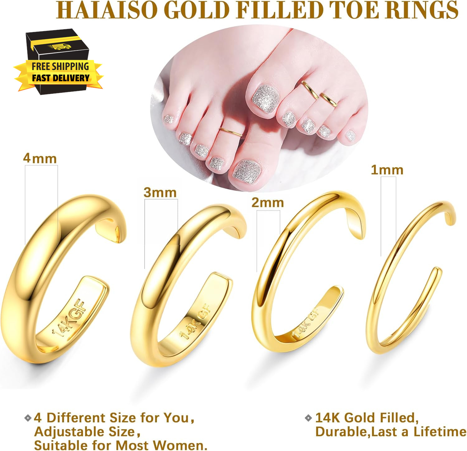 14K Gold Filled Toe Rings Adjustable Toe Ring for Women Thin Toe Rings Open Band