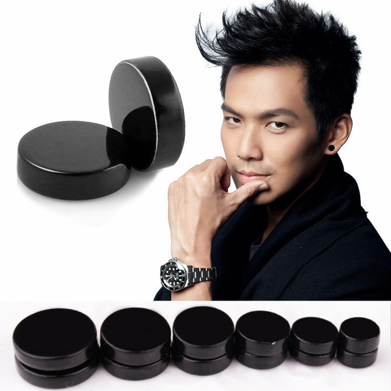 1 Pair Mens Women Non Piercing Ear Stud Clip On Round Magnetic Earrings Black US
