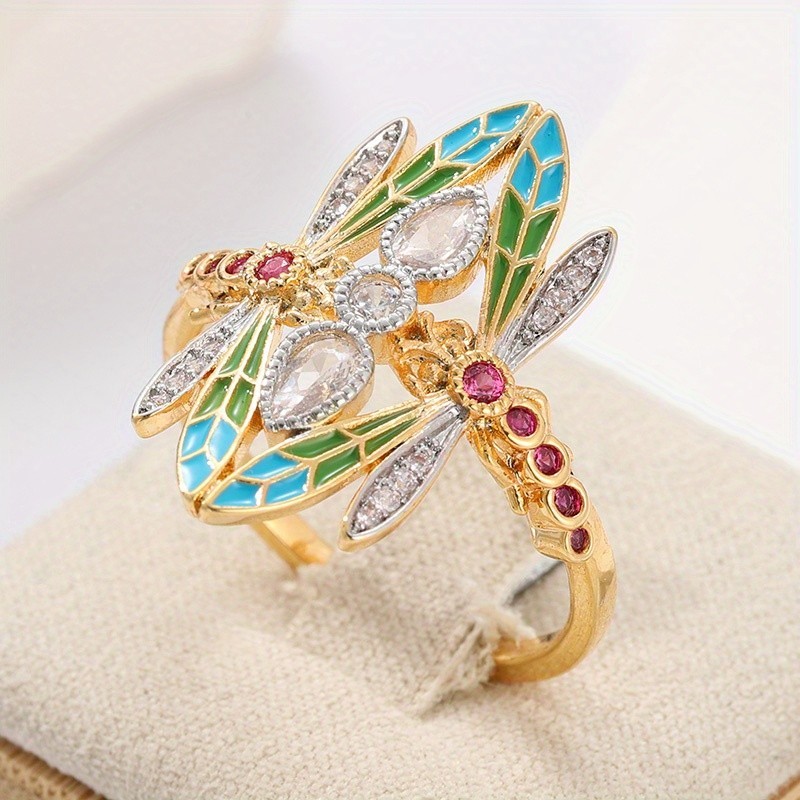 Vintage Dragonfly Ring Blue Cubic Zirconia Gothic Adjustable Statement Ring Gift