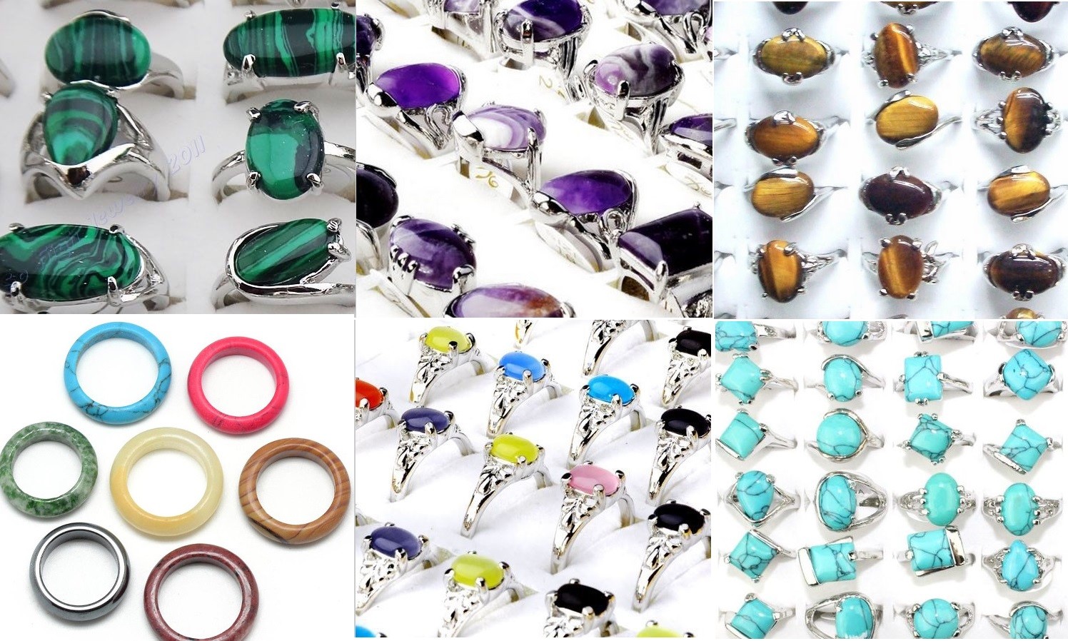 Wholesale Lot 10 25 50 Silver Tone Solid Gemstone Rings Bulk Mixed Size Cheap
