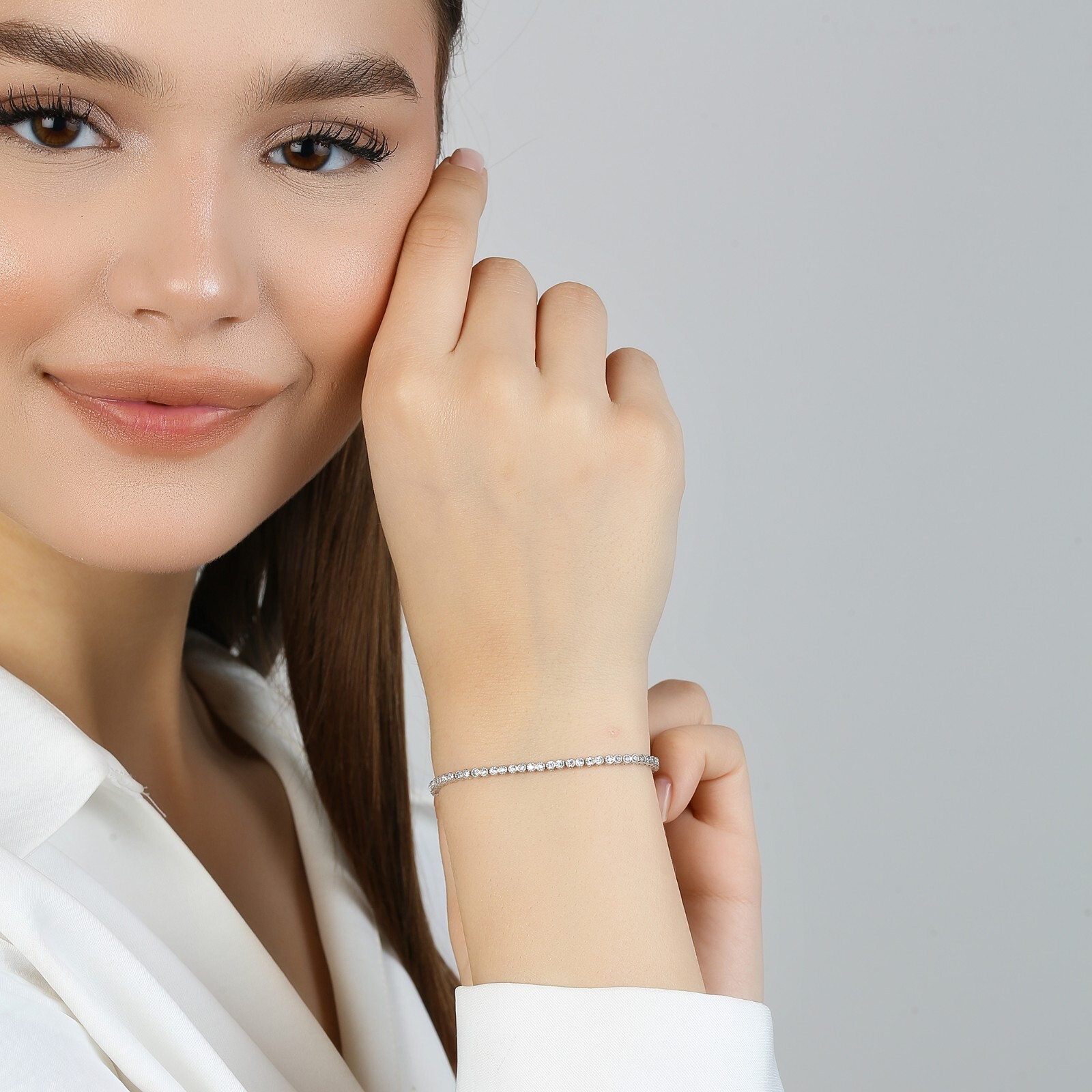 Solid Silver 925 Sterling Shiny Stone Chic Women Bracelet, Tennis Bracelet