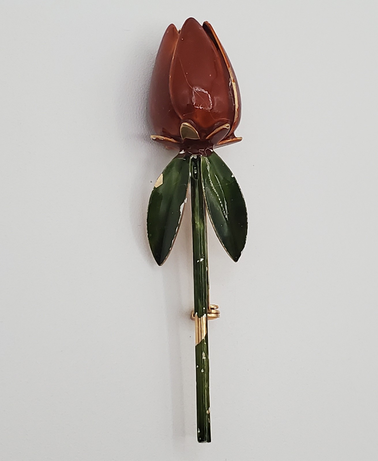 VTG Tulip Brooch 3in Brown Green Enamel Flower Stem Estate Parts Restore FLAW