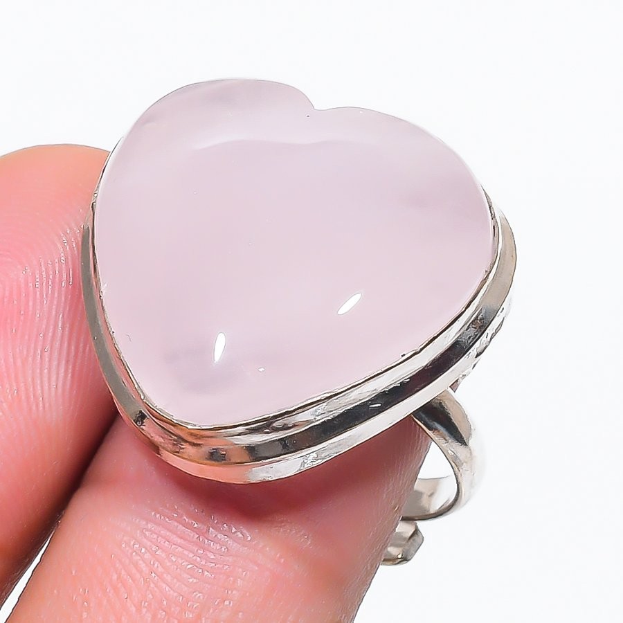 Rose Quartz Heart Shape Gemstone Adjustable Ring Handmade Unique Jewelry FR 2640